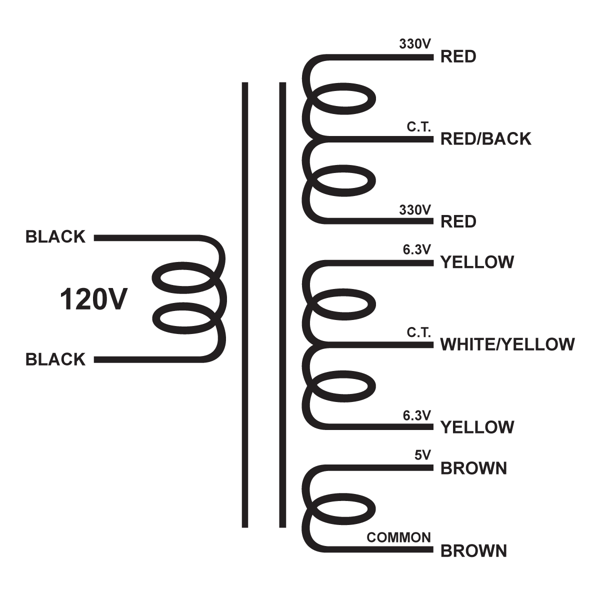 EDCOR Tube Power Transformer XPWR114-120 - 660V@200mA CT, 12.6V@3A CT,& 5V@5A - 120V, 60Hz. Schematic
