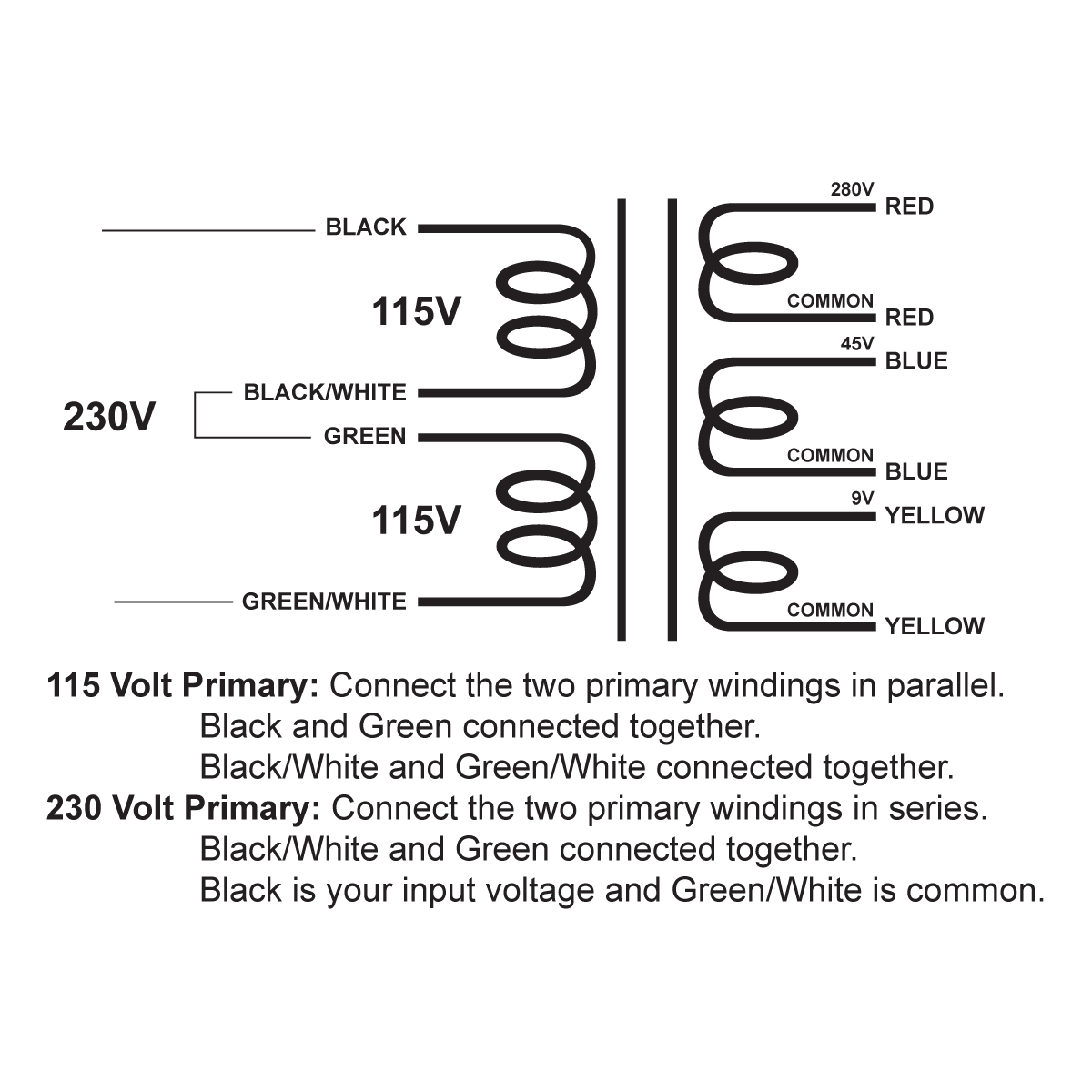 EDCOR Tube Power Transformer XPWR116-115/230 - 280V@75mA, 45V@50mA & 9V@3A - 115V/230V, 50/60Hz. Schematic