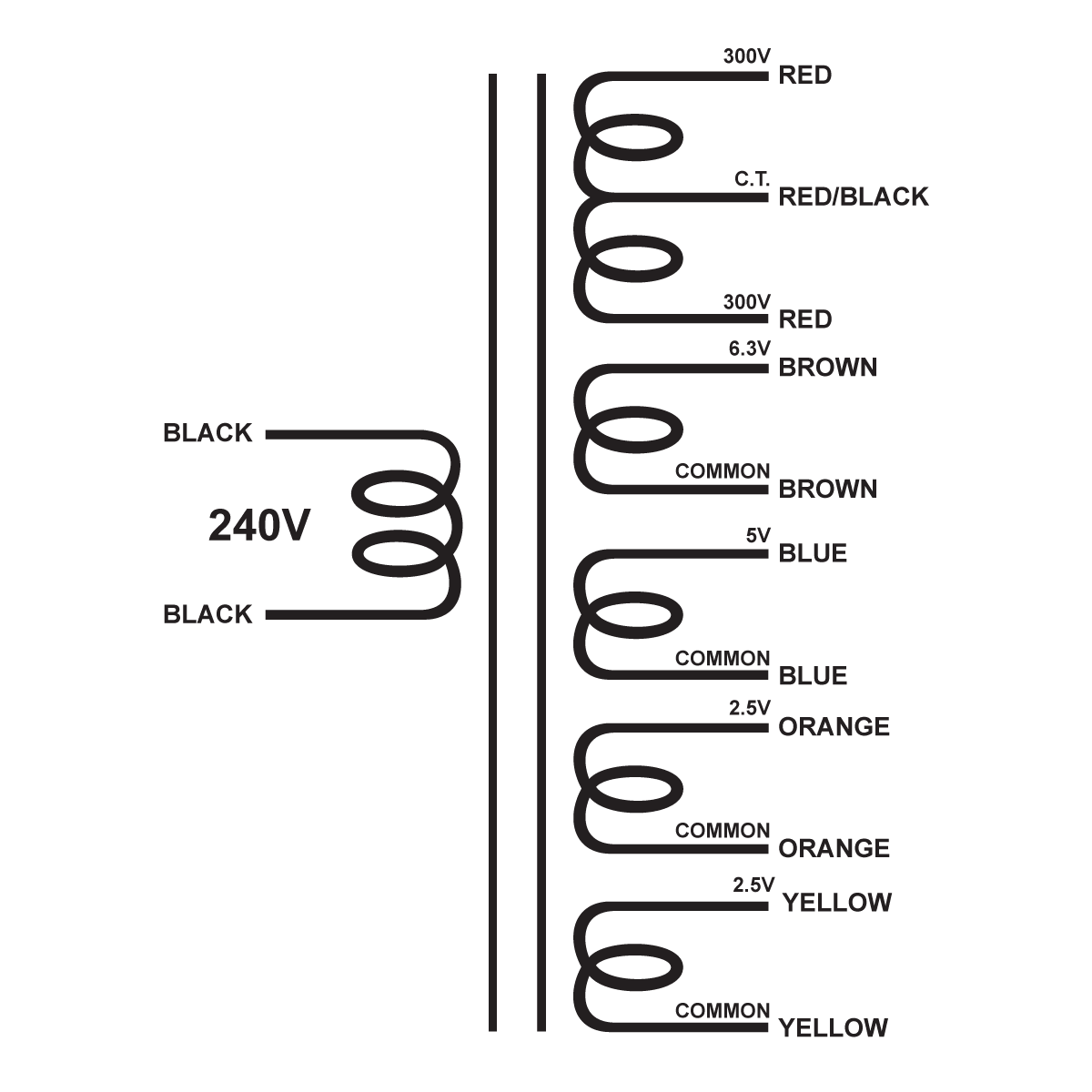 EDCOR Tube Power Transformer XPWR118-240 - 600V@200mA CT, 6.3V@1.2A, 5V@2A, 2.5V@3A, & 2.5V@3A - 240V, 50/60Hz. Schematic