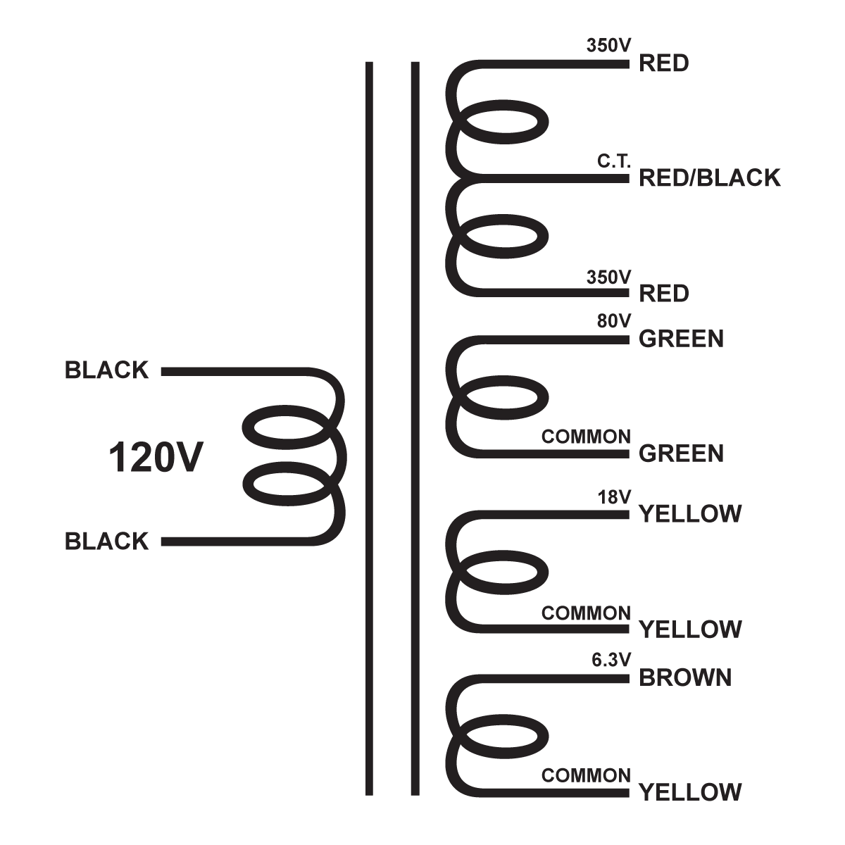 EDCOR Tube Power Transformer XPWR129-120 - 700V@250mA CT, 80V@100mA, 18V@2A, & 6.3V@7A - 120V, 60Hz. Schematic