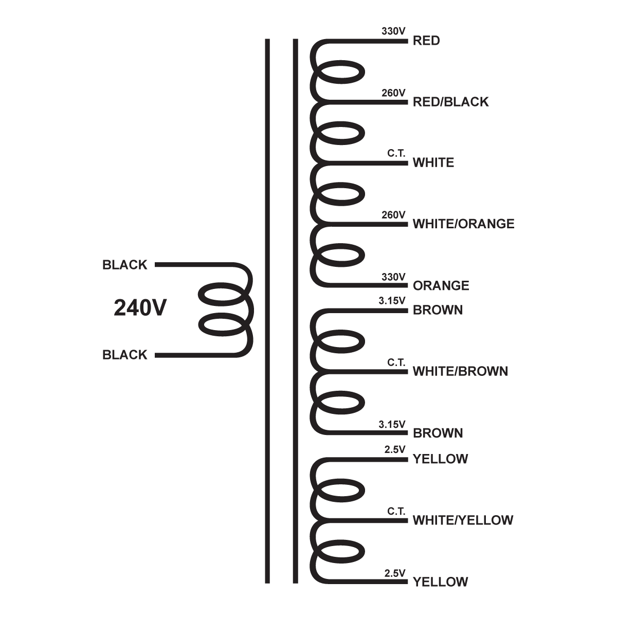 EDCOR Tube Power Transformer XPWR131-240 - 660V/520V@175mA CT, 6.3V@4A CT, & 5V@3A CT - 240V, 50/60Hz. Schematic