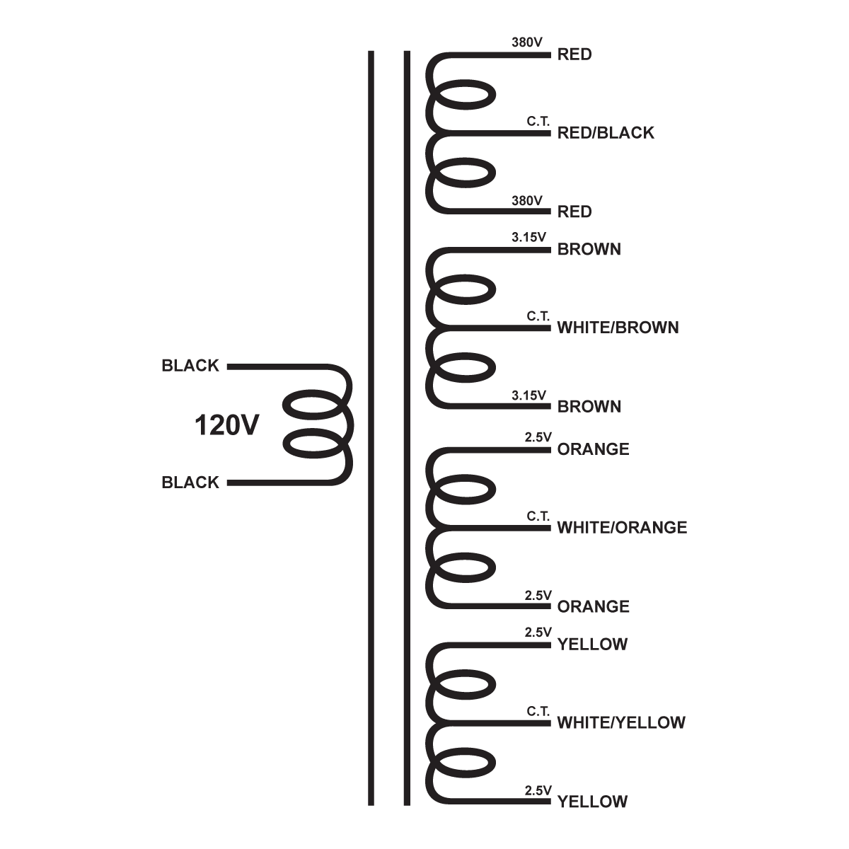 EDCOR Tube Power Transformer XPWR132-120 - 760V@300mA CT, 6.3V@2A CT, 5V@3A CT, & 5V@3A CT - 120V, 60Hz. Schematic