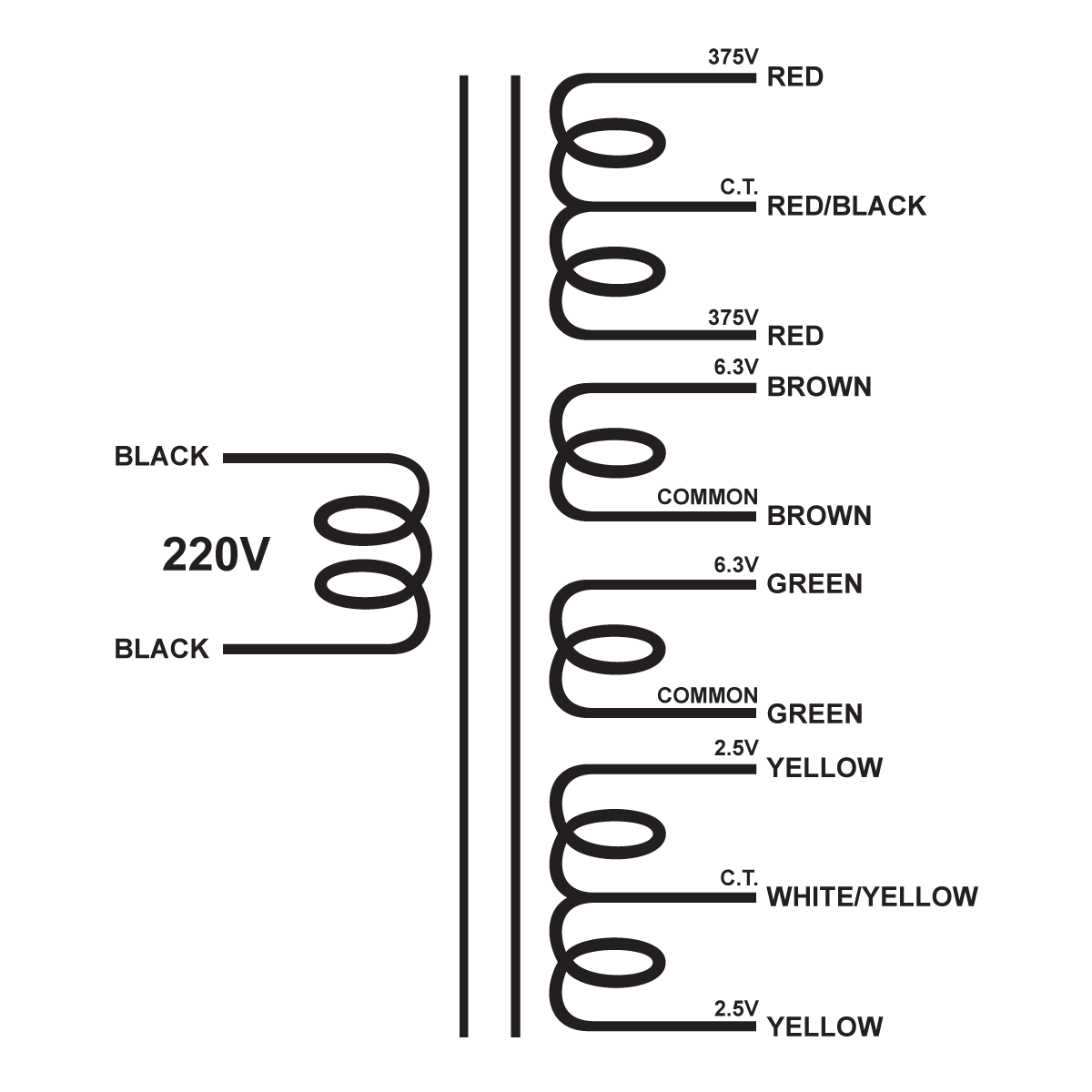 EDCOR Tube Power Transformer XPWR134-220 - 750V@200mA CT, 6.3V@3A, 6.3V@3A, & 5V@3A CT - 220V, 50/60Hz. Schematic