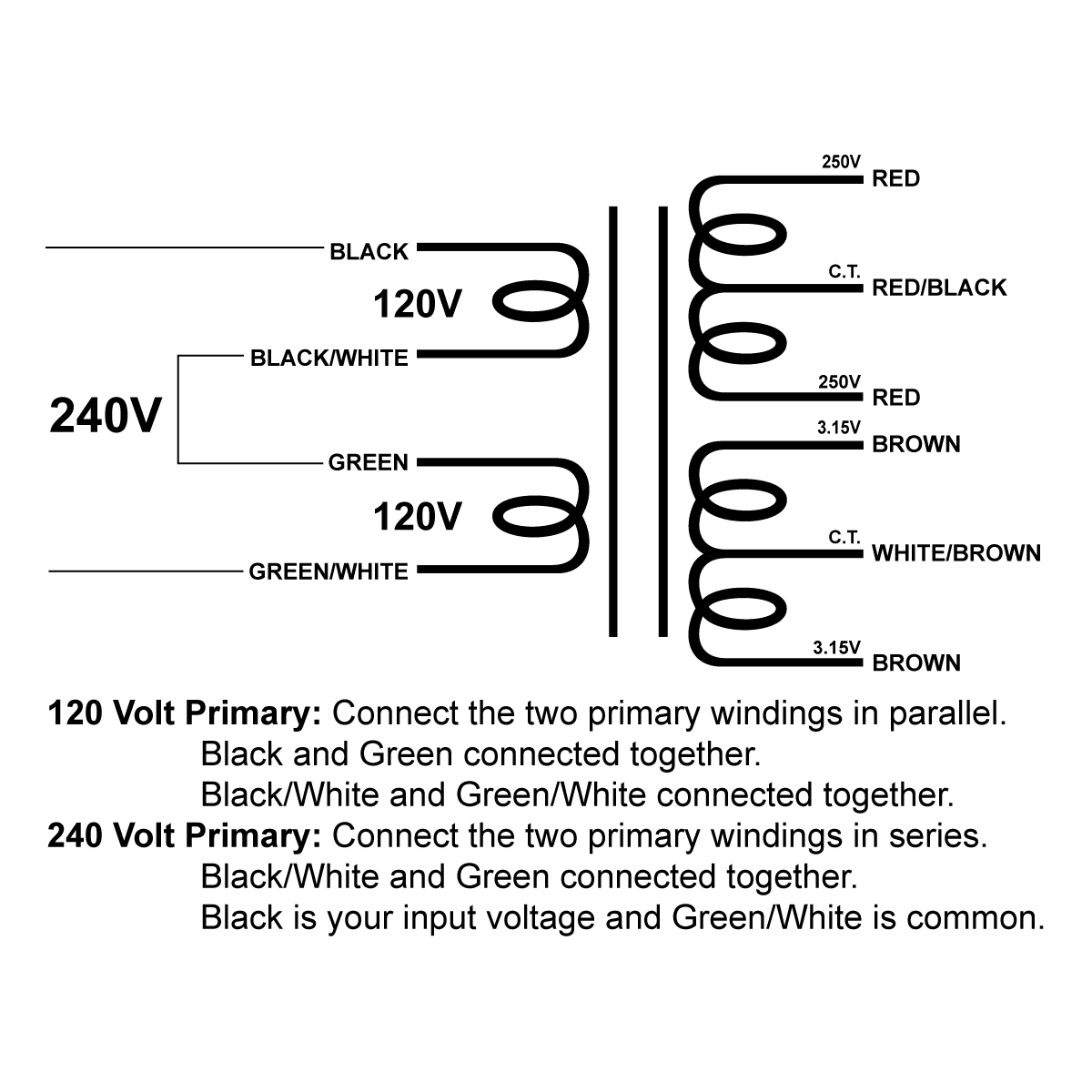EDCOR Tube Power Transformer XPWR136-120/240 - 500V@60mA CT & 6.3V@2A CT - 120V/240V, 50/60Hz. Schematic