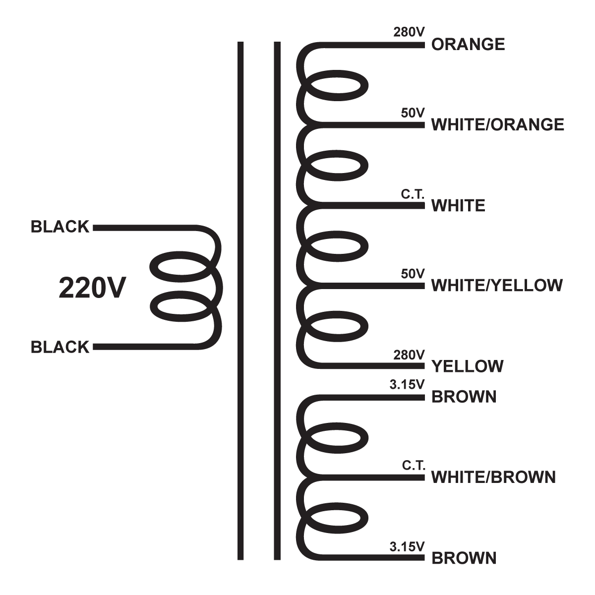 EDCOR Tube Power Transformer XPWR139-220 - 560V/100V@200mA CT & 6.3V@6A CT -220V, 50 60Hz. Schematic