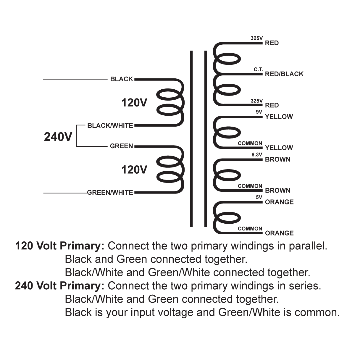 EDCOR Tube Power Transformer XPWR140-120 - 650V@40mA CT, 9V@3A, 6.3V@3A, & 5V@2A - 120V, 60Hz. Schematic