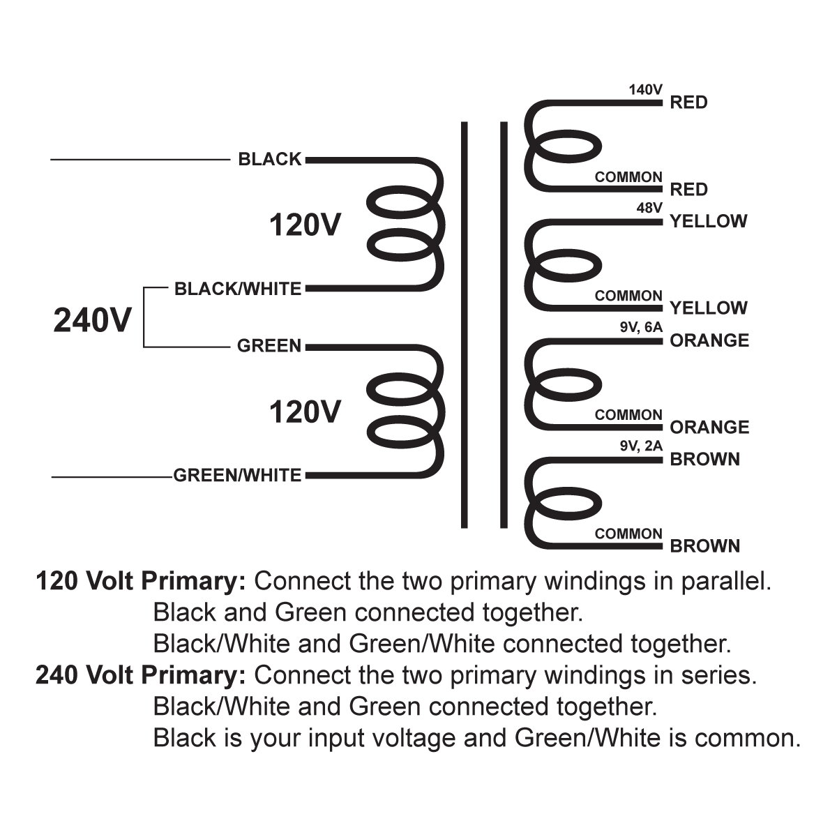 EDCOR Tube Power Transformer XPWR142-120/240 - 140V@200mA, 48V@100mA, 9V@6A, & 9V@2A - 120V/240V, 50/60Hz. Schematic