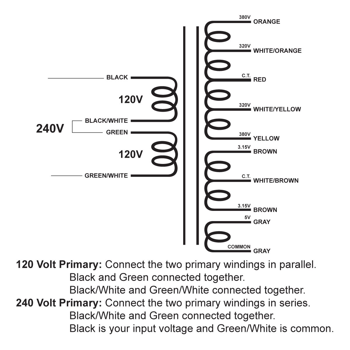 EDCOR Tube Power Transformer XPWR144-120/240 - 760V/640V@200mA CT, 6.3V@3.5A CT, & 5V@3A - 120V/240V, 50/60Hz. Schematic