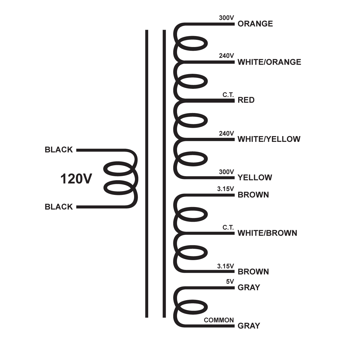 EDCOR Tube Power Transformer XPWR145-120 - 600V/480V@120mA CT, 6.3V@3A CT, & 5V@2A - 120V, 60Hz. Schematic