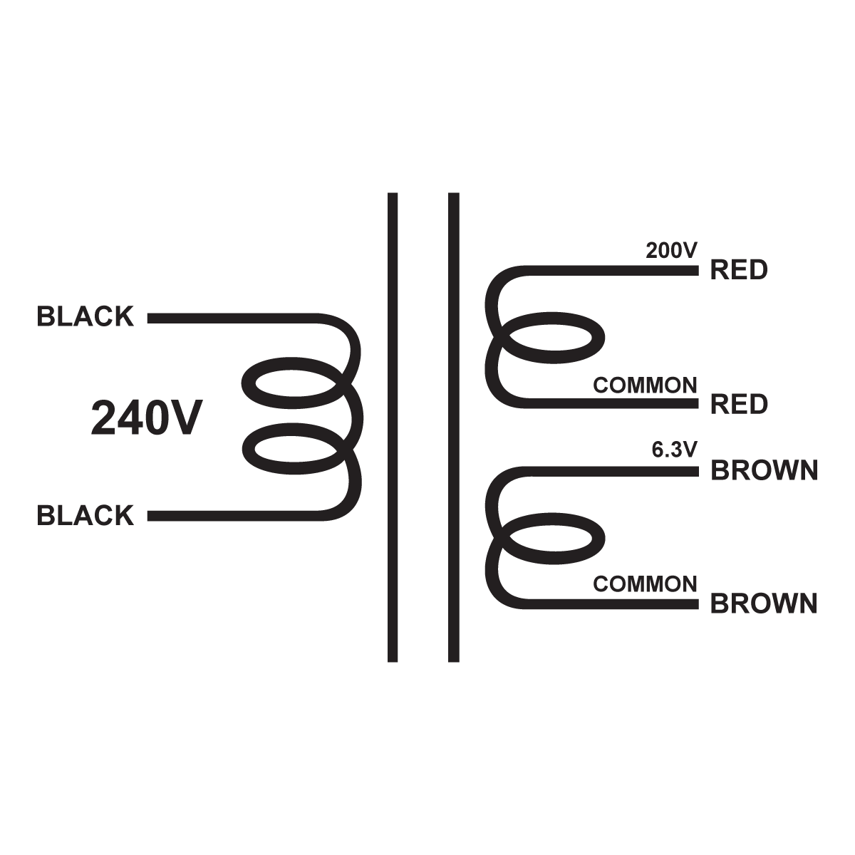 EDCOR Tube Power Transformer XPWR146-240 - 200V@250mA & 6.3V@4.5A - 240V, 50/60Hz. Schematic