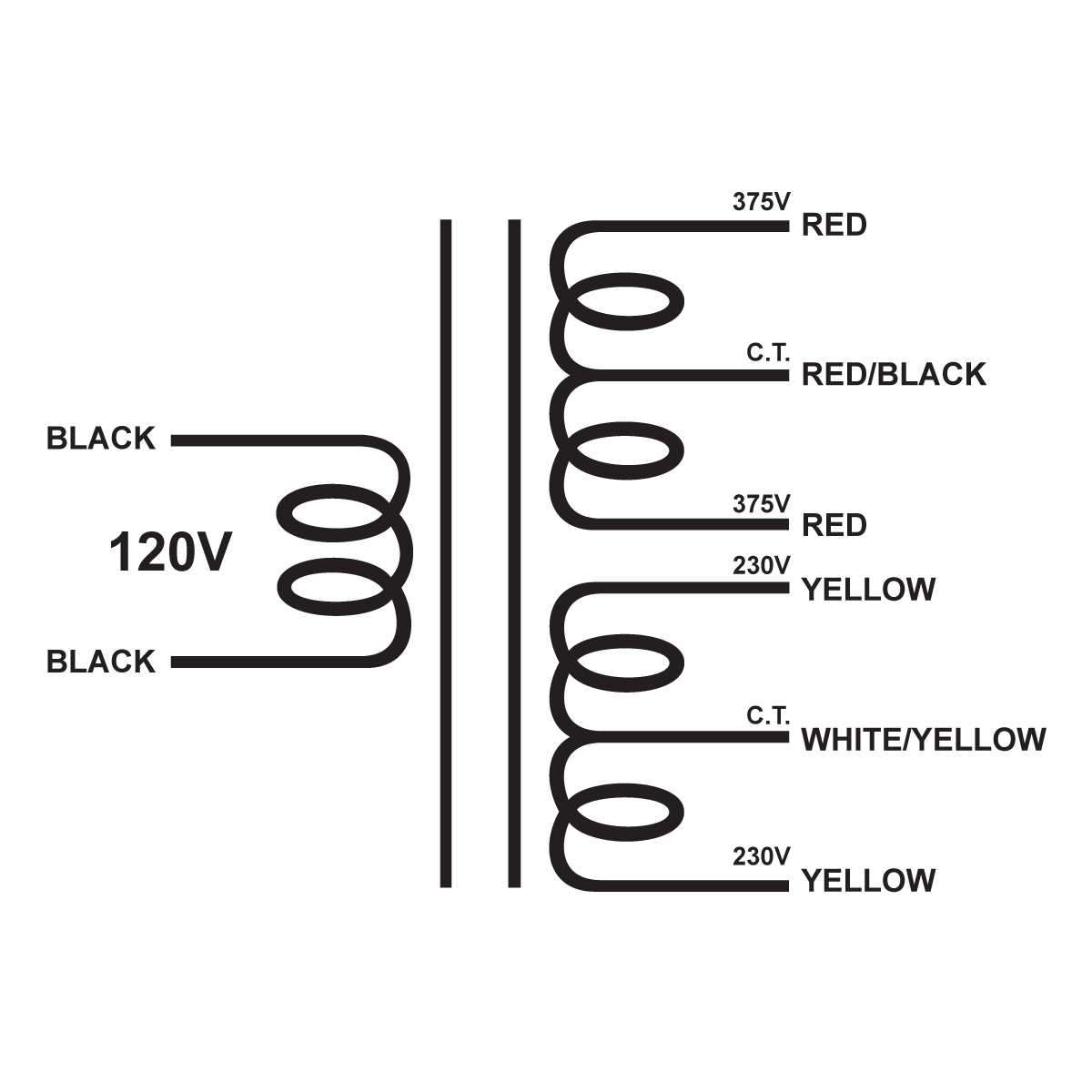 EDCOR Tube Power Transformer XPWR148-120 - 750V@400mA CT & 460V@40mA CT - 120V, 60Hz. Schematic