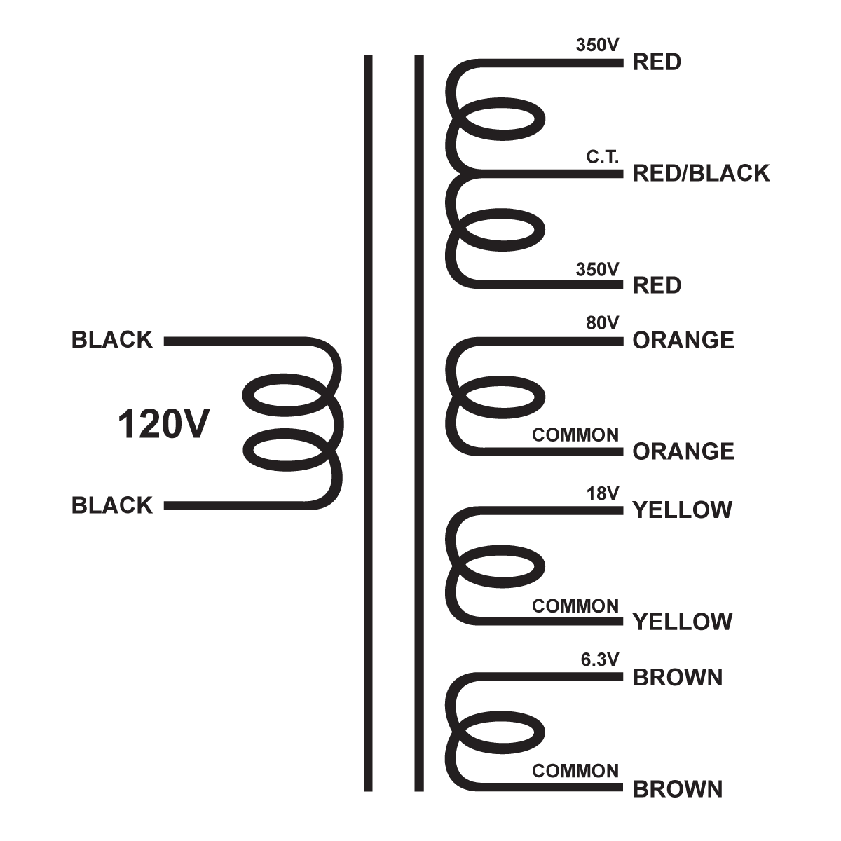 EDCOR Tube Power Transformer XPWR150-120 - 700V@400mA CT, 80V@100mA, 18V@2A, & 6.3V@4A - 120V, 60Hz. Schematic