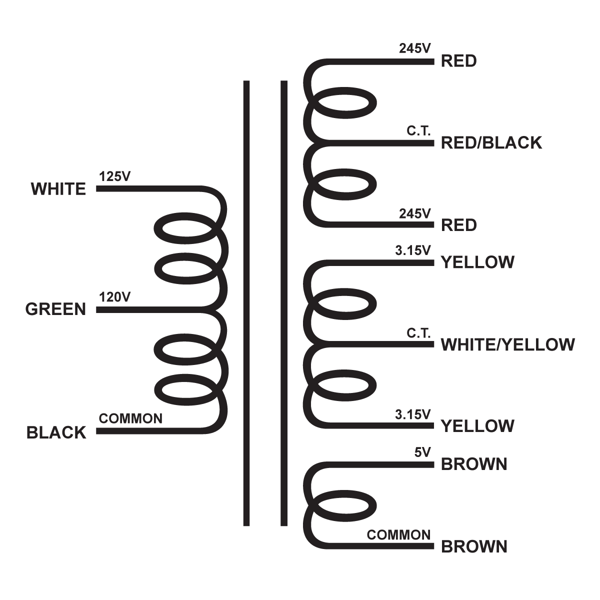 EDCOR Tube Power Transformer XPWR156-120/125 - 490V@150mA CT, 6.3V@4A CT, & 5V@3A - 120V/125V, 60Hz. Schematic