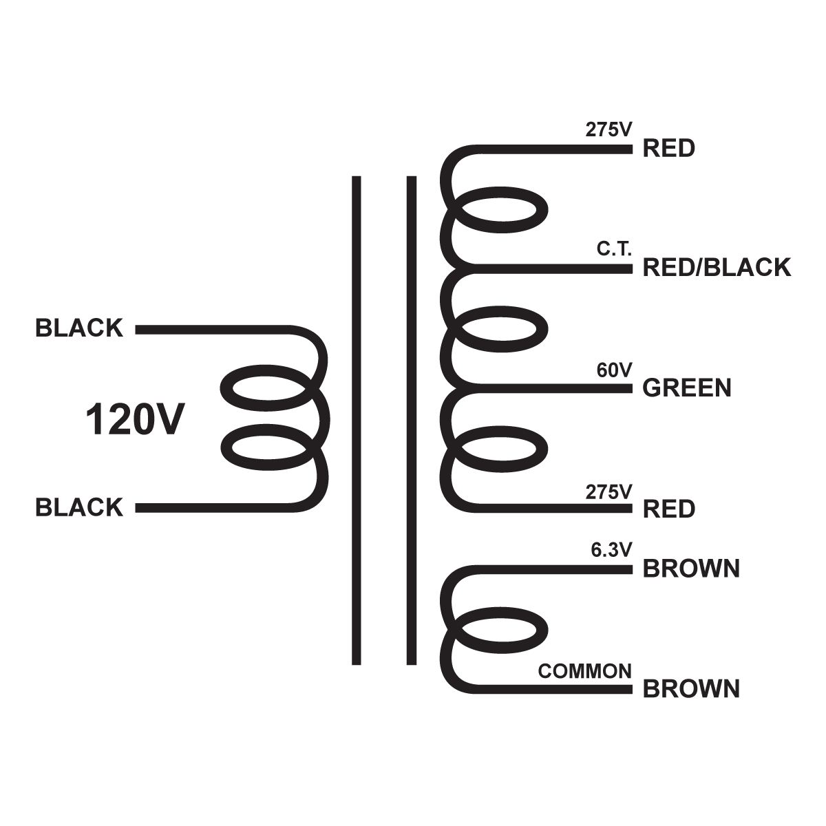EDCOR Tube Power Transformer XPWR161-120 - 550V@125mA w/60V bias & 6.3V@4A - 120V, 60Hz. Schematic