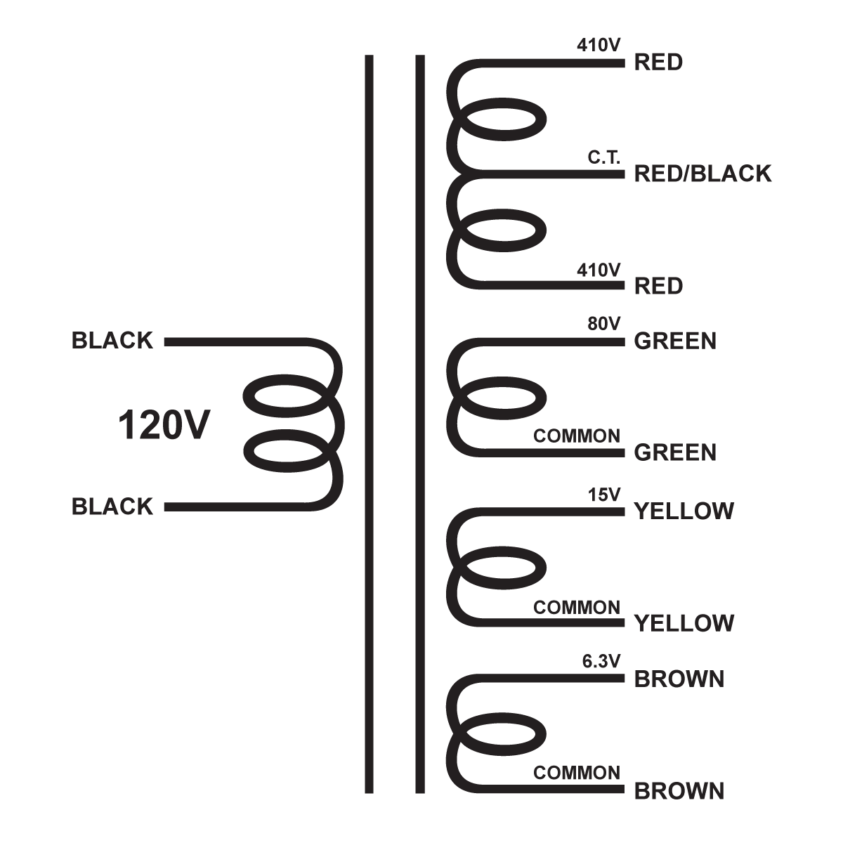 EDCOR Tube Power Transformer XPWR162-120 - 820V@300mA CT, 80V@100mA, 15V@1A, & 6.3V@6A - 120V, 60Hz. Schematic