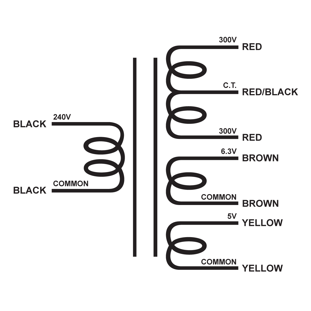 EDCOR Tube Power Transformer XPWR172-240 - 600@200mA CT, 6.3V@6A, & 5V@3A - 240V, 50/60Hz. Schematic