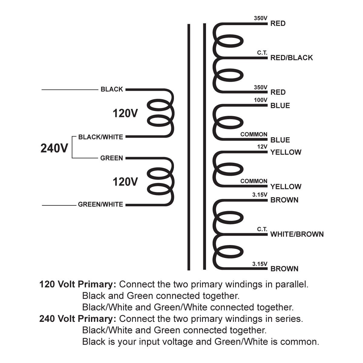 EDCOR Tube Power Transformer XPWR173-120/240 - 700V@400mA CT, 100V@10mA, 12V@1.5A, & 6.3V@7A CT - 120V/240V, 50/60Hz. Schematic