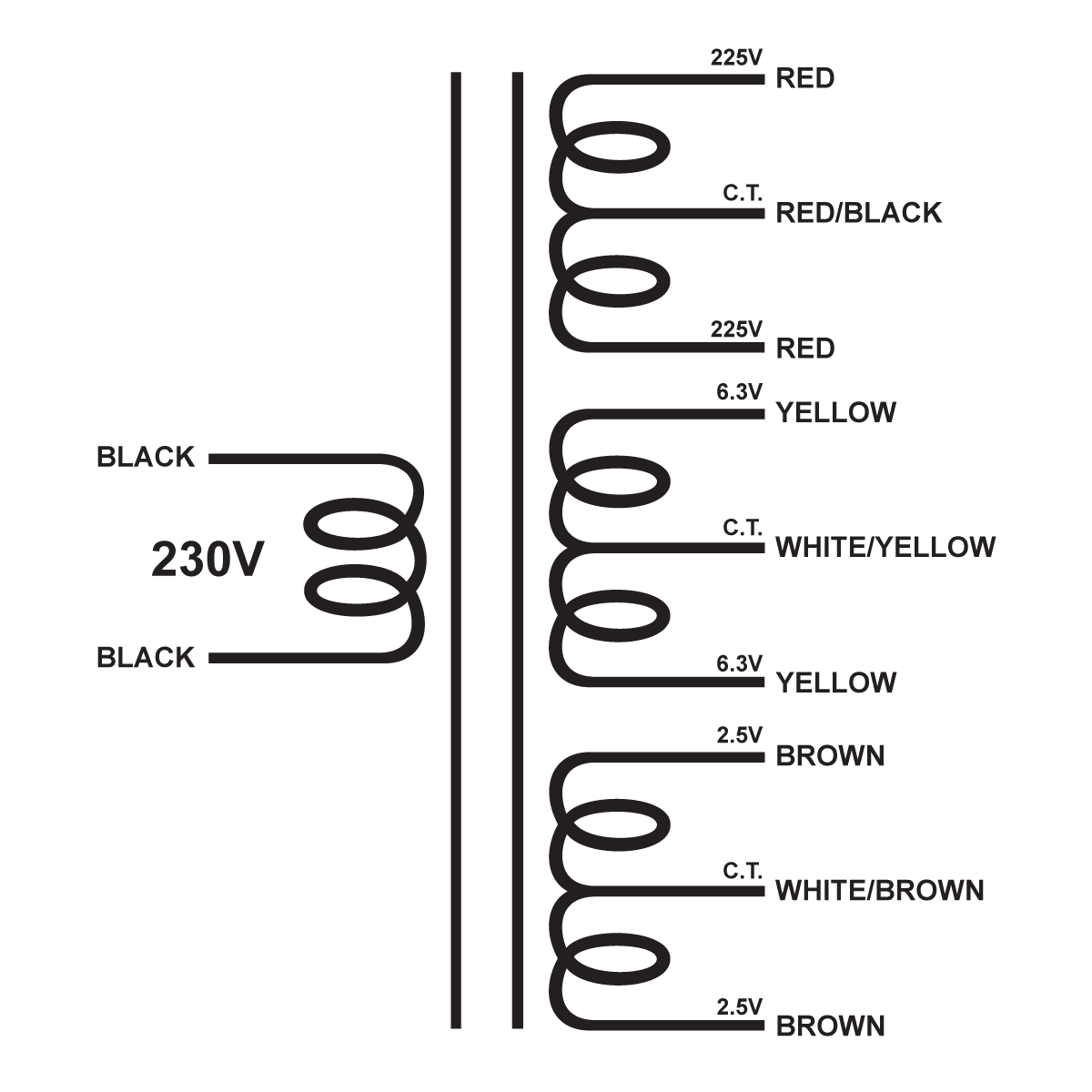 EDCOR Tube Power Transformer XPWR182-230 - 450V@500mA CT, 12.6V@4A CT, & 5V@3A CT - 230V, 50 60Hz. Schematic