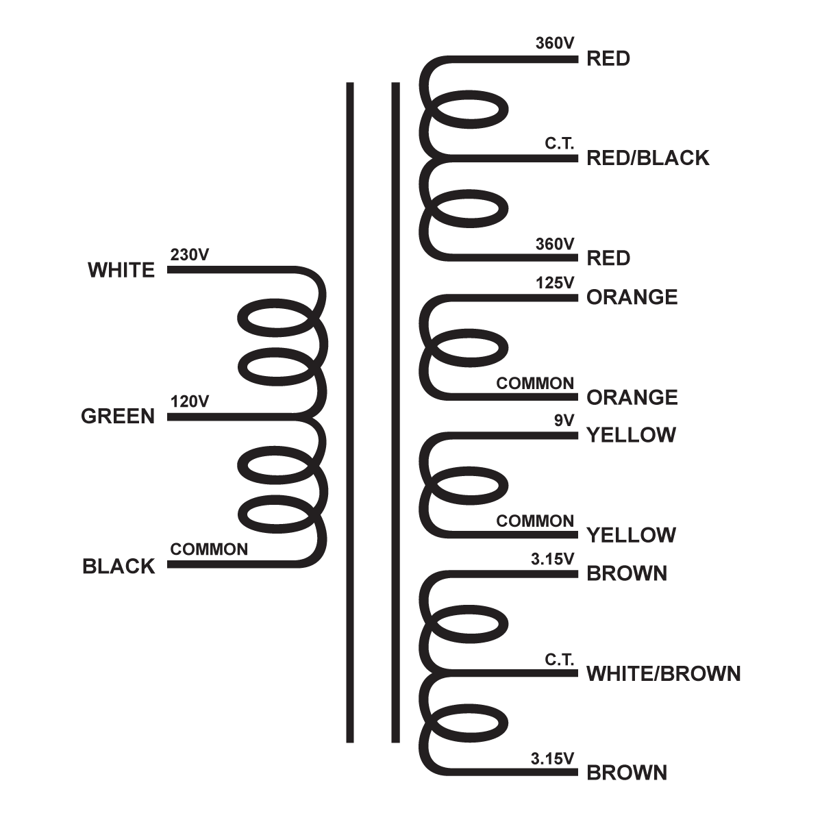 EDCOR Tube Power Transformer XPWR184-120/230 - 720V@110mA CT, 125V@45mA, 9V@2A, & 6.3V@600mA CT - 120V/230V, 50/60Hz. Schematic