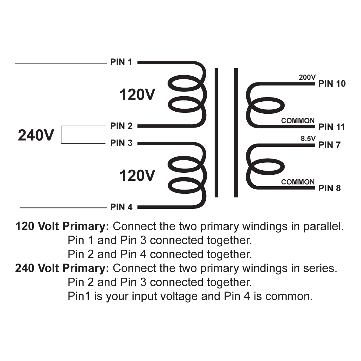 EDCOR Tube Power Transformer XPWR191-120/240 - 200V@40mA & 8.5V@1.5A - 120V/240V, 50/60Hz. Schematic
