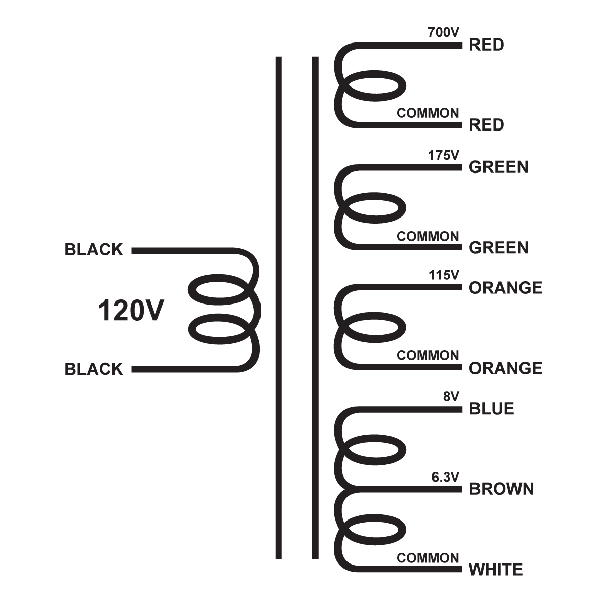 EDCOR Tube Power Transformer XPWR192-120 - 700V@250mA, 175V@40mA, 115V@25mA, 8V/6V@2A - 120V, 60Hz. Schematic