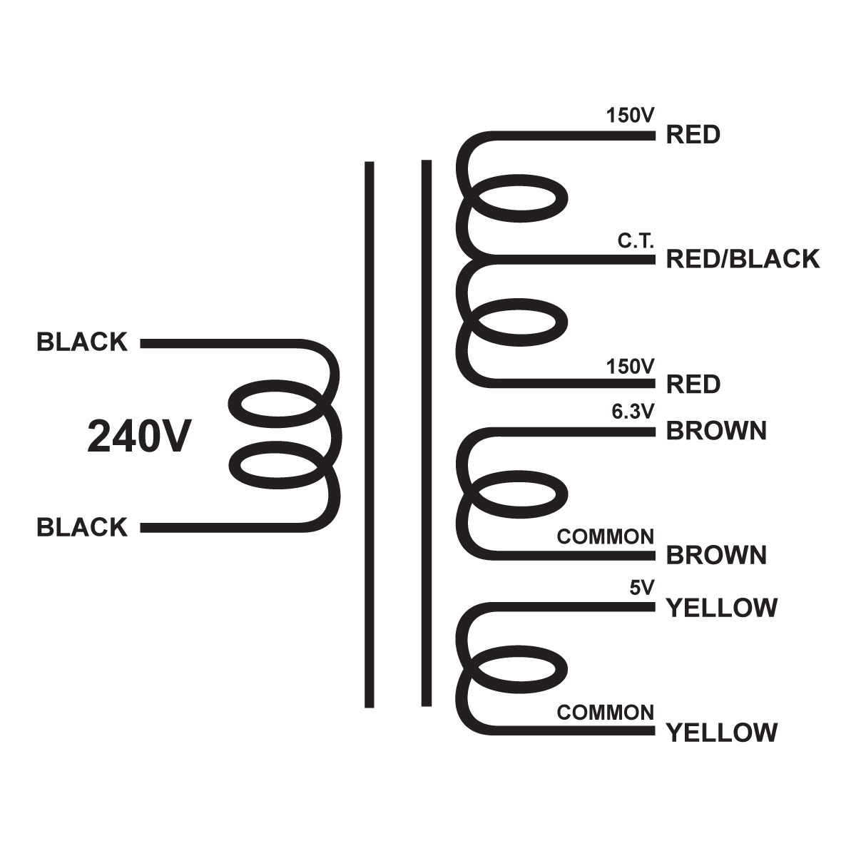 EDCOR Tube Power Transformer XPWR196-240 - 300V@120mA CT, 6.3V@4A, & 5V@2A - 240V, 50/60Hz. Schematic