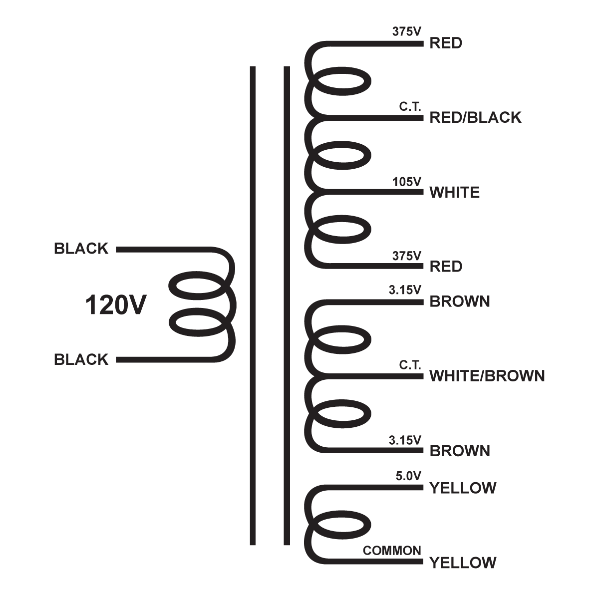 EDCOR Tube Power Transformer XPWR198-120 - 750V@300mA w/105V bias, 6.3V@6A CT, & 5V@6A - 120V, 60Hz. Schematic