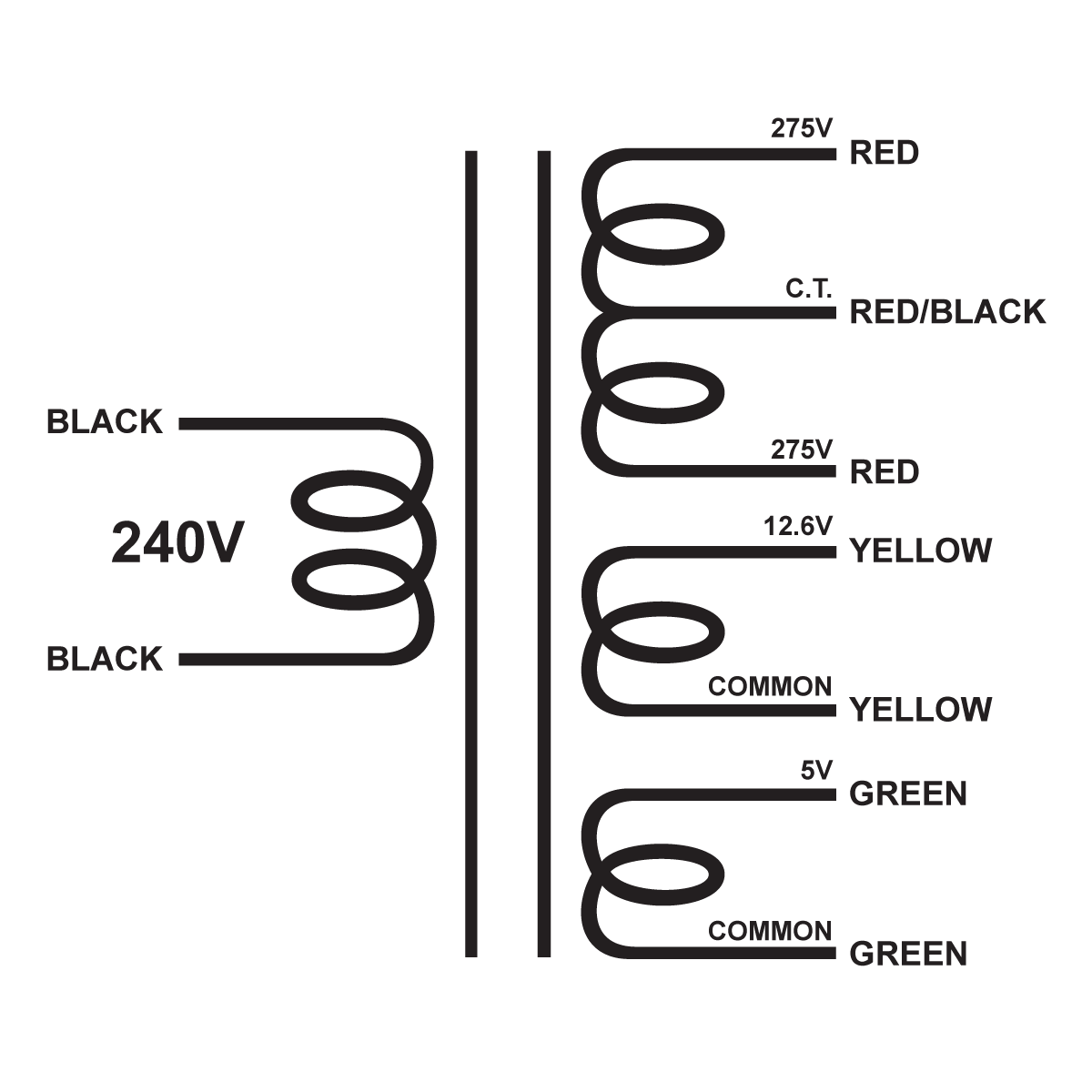 EDCOR Tube Power Transformer XPWR202-240 - 550V@100mA CT, 12.6V@2.5A & 5V@2A 240V, 50/60Hz. Schematic