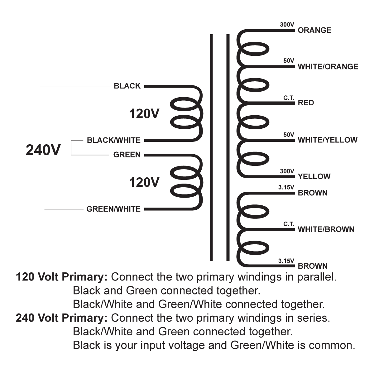 EDCOR Tube Power Transformer XPWR205-120/240 - 600V/100V@200mA CT & 6.3V@6A CT - 120V/240V, 50/60Hz. Schematic