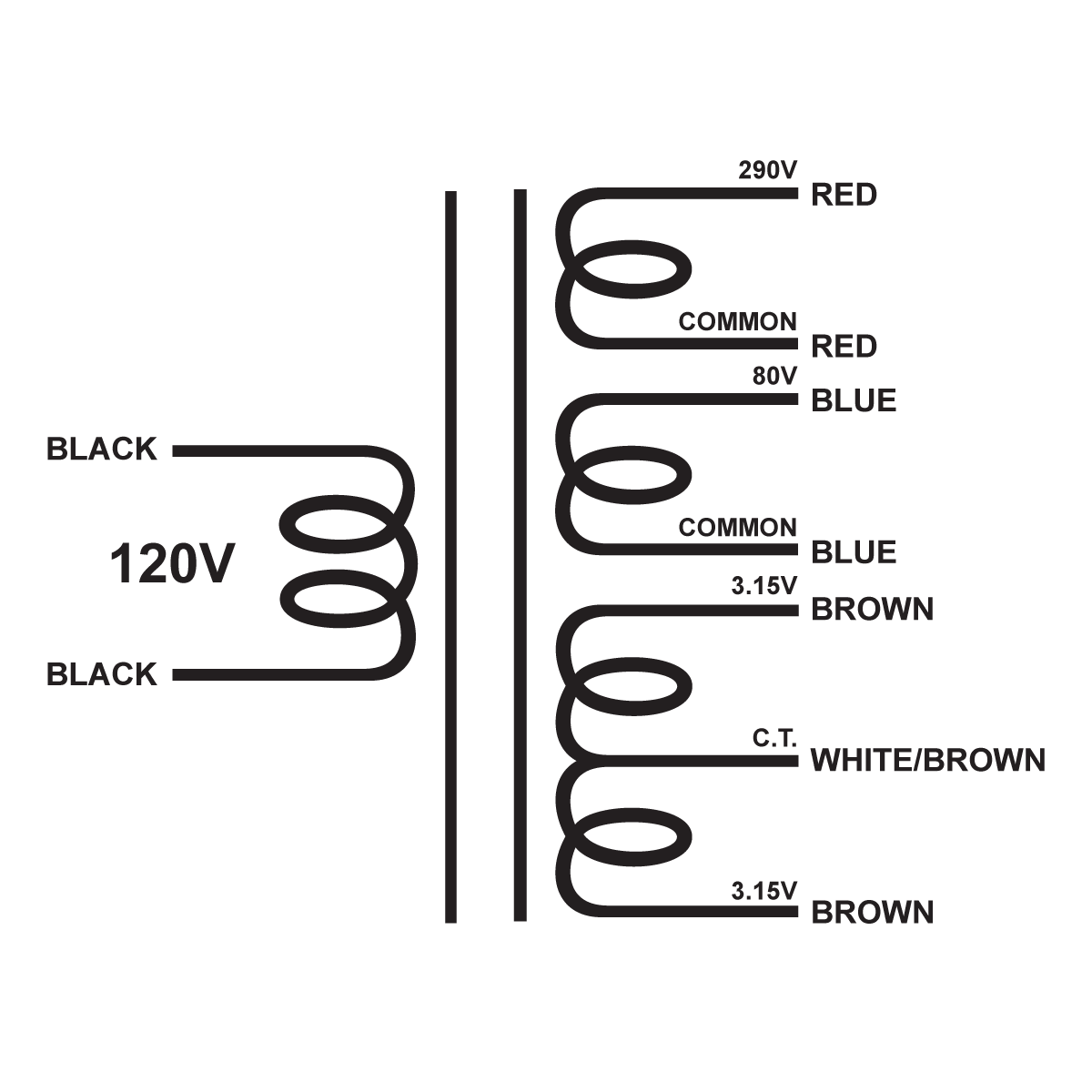 EDCOR Tube Power Transformer XPWR206-120 - 290V@450mA, 80V@30mA, & 6.3V@5A CT - 120V, 60Hz. Schematic