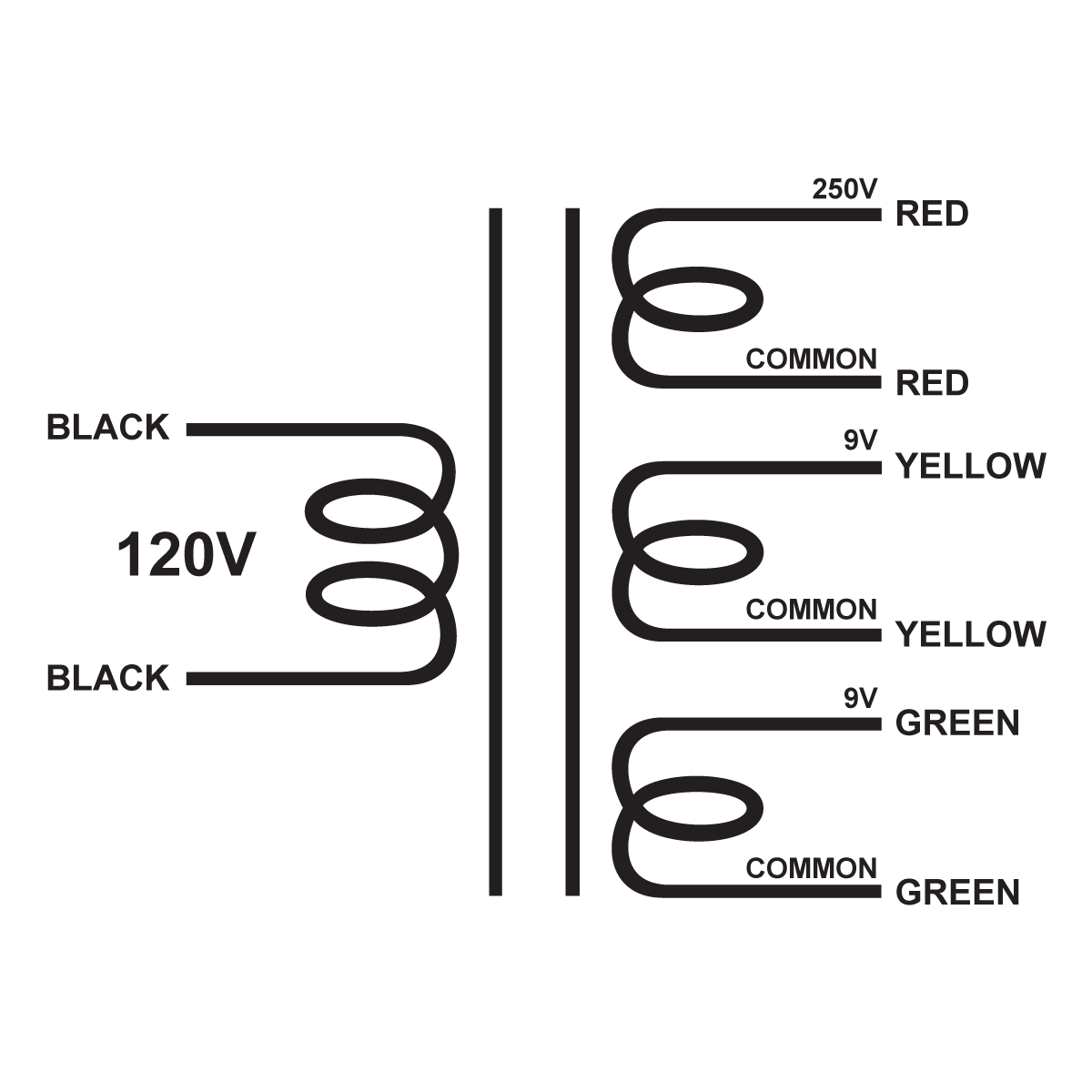 EDCOR Tube Power Transformer XPWR207-120 - 250V@200mA, 9V@3.5A, & 9V@3.5A - 120V, 60Hz. Schematic