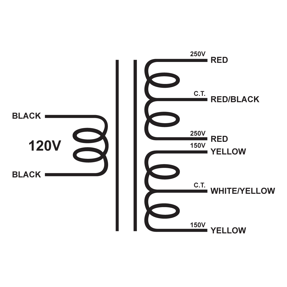 EDCOR Tube Power Transformer XPWR208-120 - 500V@250mA CT & 300V@120mA CT - 120V, 60Hz. Schematic