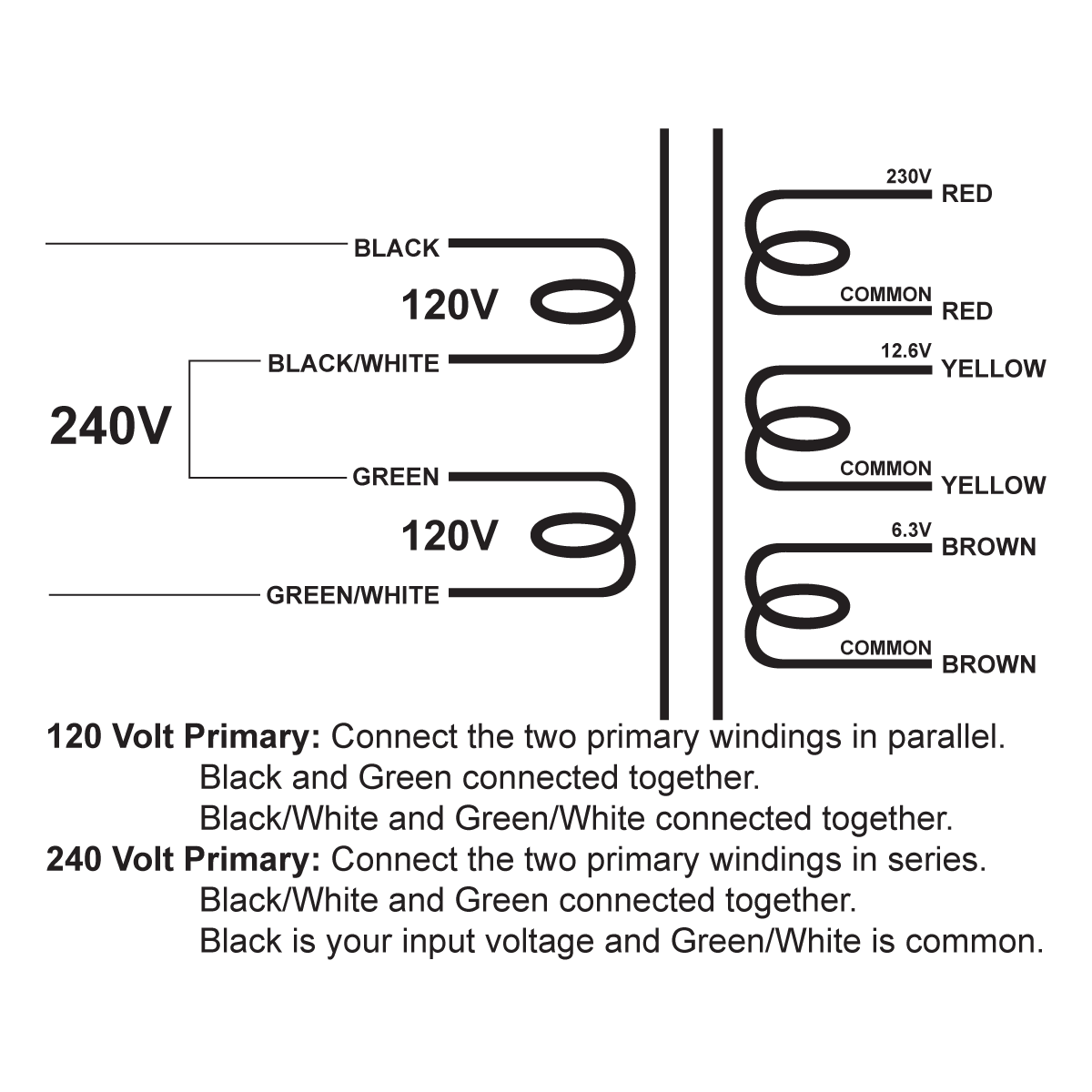 EDCOR Tube Power Transformer XPWR213-120/240 - 230V@200mA, 12.6V@500mA, & 6.3V@3.5A - 120V/240V, 50/60Hz. Schematic