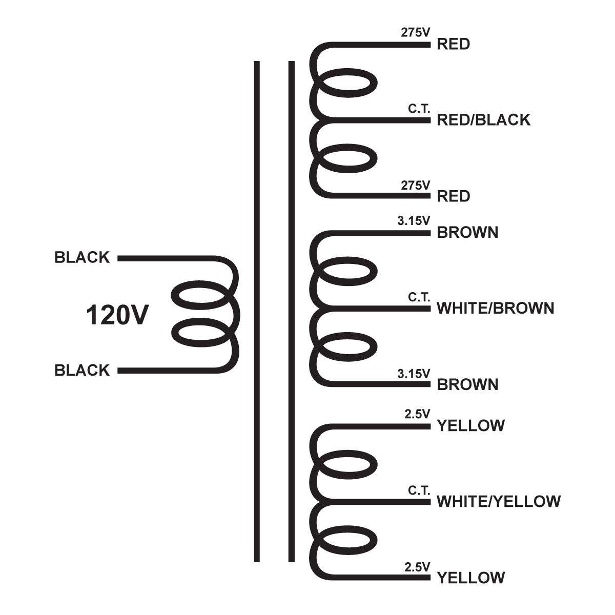 EDCOR Tube Power Transformer XPWR219-120 - 550V@150mA CT, 6.3V@4A CT, & 5V@3A CT - 120V, 60Hz. Schematic