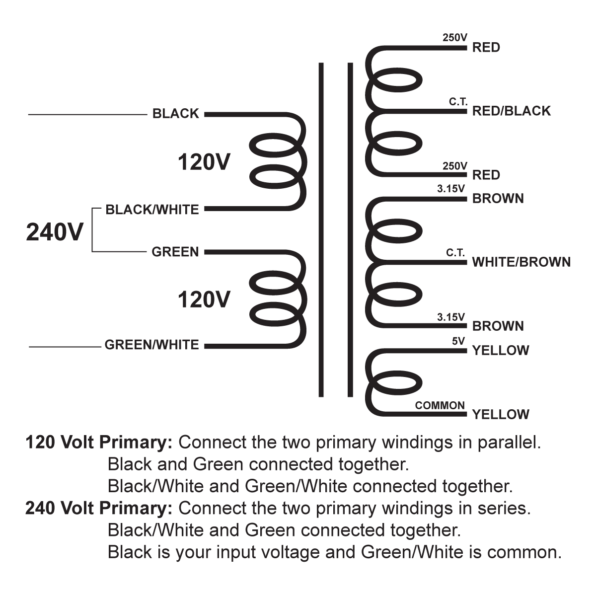 EDCOR Tube Power Transformer XPWR221-120/240 - 500V@130mA CT, 6.3V@3A CT, & 5V@2A - 120V/240V, 50/60Hz. Schematic