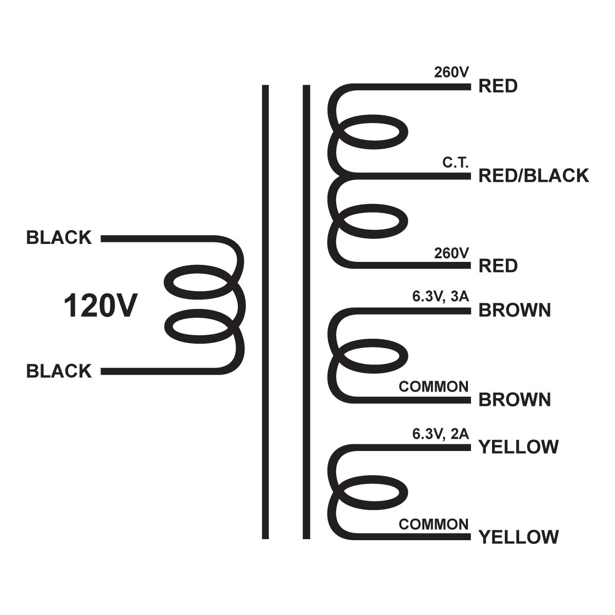 EDCOR Tube Power Transformer XPWR231-120 - 520V@160mA CT, 6.3V@3A & 6.3V@2A - 120V, 60Hz. Schematic