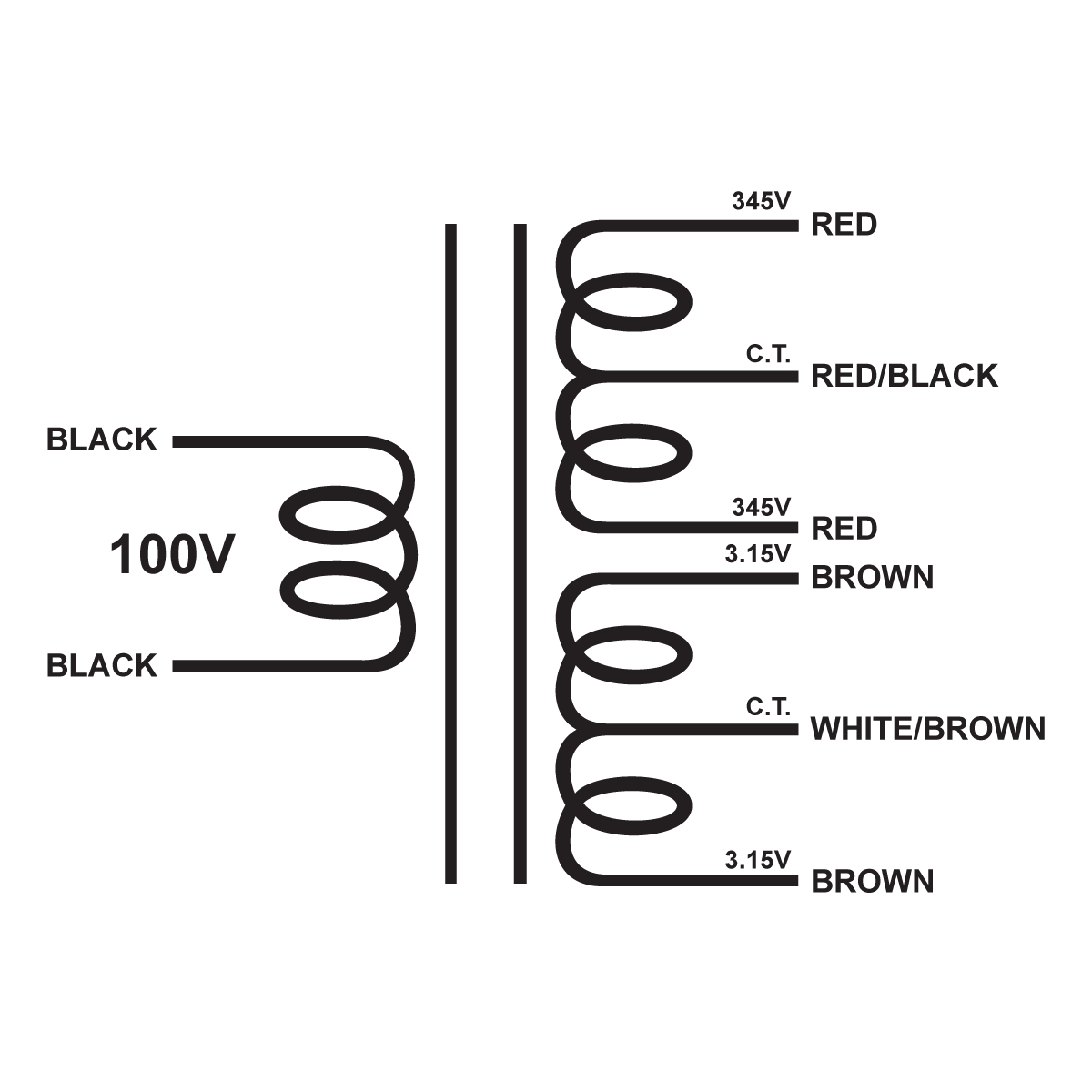 EDCOR Tube Power Transformer XPWR232-100 - 690V@150mA CT & 6.3V@5A CT - 100V, 50/60Hz. Schematic