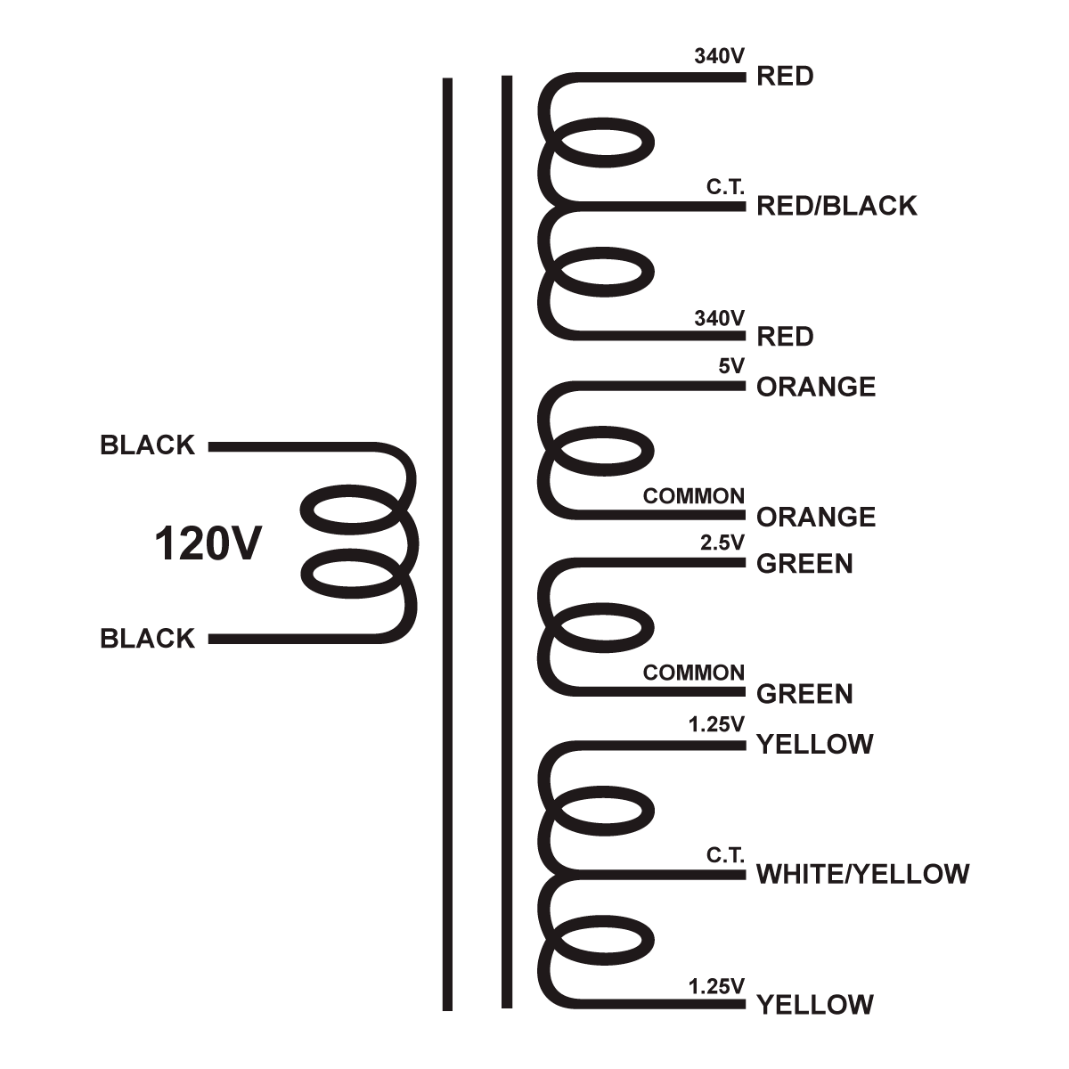 EDCOR Tube Power Transformer XPWR235-120 - 680V@120mA CT, 5V@3A, 2.5V@6A, & 2.5V@2A CT - 120V, 60Hz. Schematic