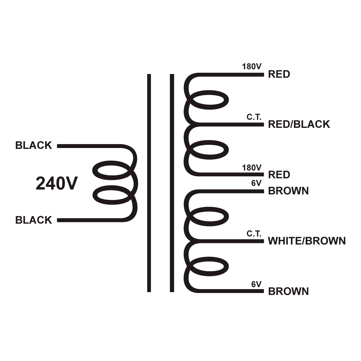 EDCOR Tube Power Transformer XPWR236-240 - 360V@250mA CT & 12V@2A CT - 240V, 50/60Hz. Schematic