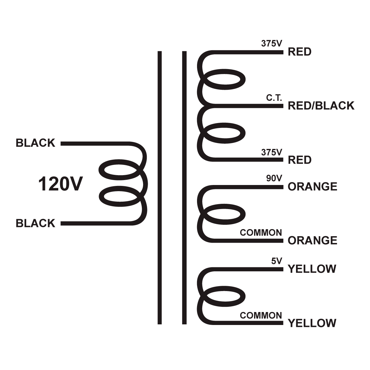 EDCOR Tube Power Transformer XPWR237-120 - 750@200mA CT, 90V@50mA, & 5V@3A - 120V, 60Hz. Schematic