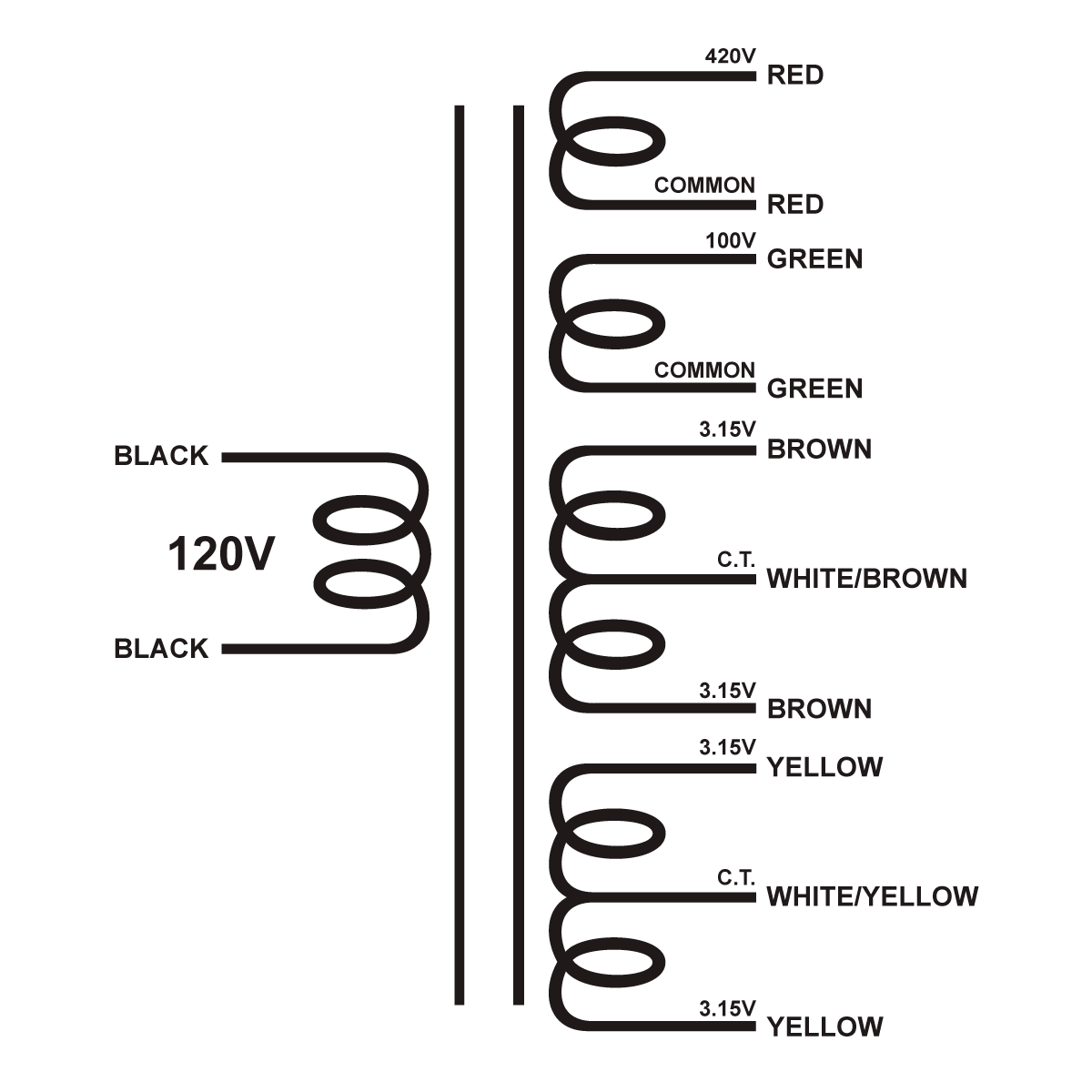 EDCOR Tube Power Transformer XPWR239A-120 - 420V@600mA, 100V@50mA, 6.3V@6A CT, & 6.3V@6A CT - 120V, 60Hz. Schematic
