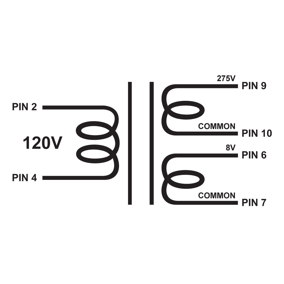 EDCOR Tube Power Transformer XPWR242-120 - 275V@75mA & 8V@1.5A - 120V, 60Hz. Schematic