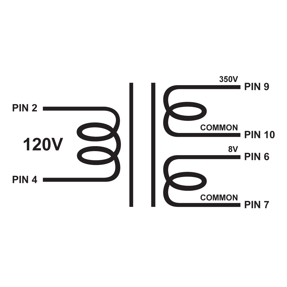 EDCOR Tube Power Transformer XPWR243-120 - 350V@75mA & 8V@1.5A - 120V, 60Hz. Schematic