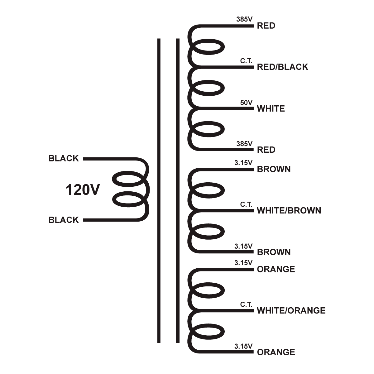 EDCOR Tube Power Transformer XPWR246-120 - 770V@275mA CT w/50V bias, 6.3V@4A CT, & 6.3V@4A CT - 120V, 60Hz. Schematic