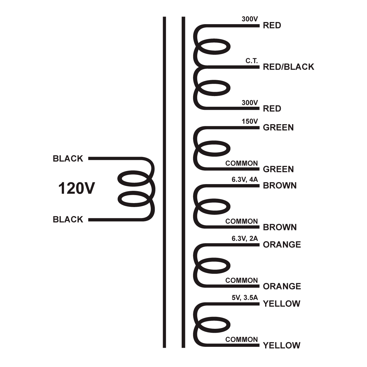 EDCOR Tube Power Transformer XPWR251-120 - 600V@400mA CT, 150V@100mA, 6.3V@4A, 6.3V@2A, & 5V@3.5A - 120V, 60Hz. Schematic