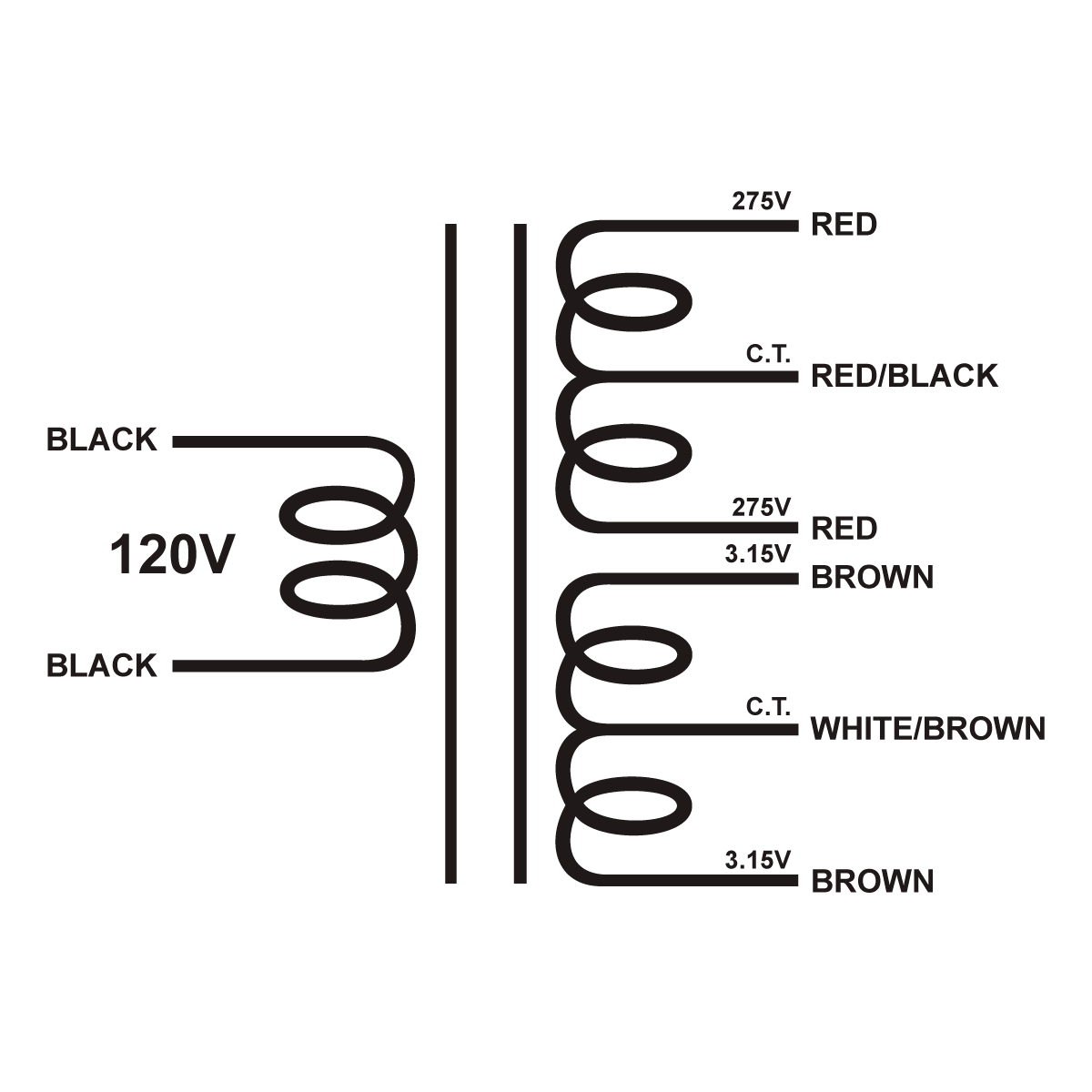 EDCOR Tube Power Transformer XPWR253-120 - 550V@100mA CT & 6.3V@1A CT - 120V, 60Hz. Schematic