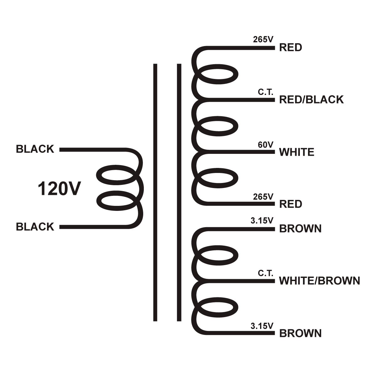 EDCOR Tube Power Transformer XPWR255-120 - 530V@200mA CT w/60V bias & 6.3V@5A CT - 120V, 60Hz. Schematic