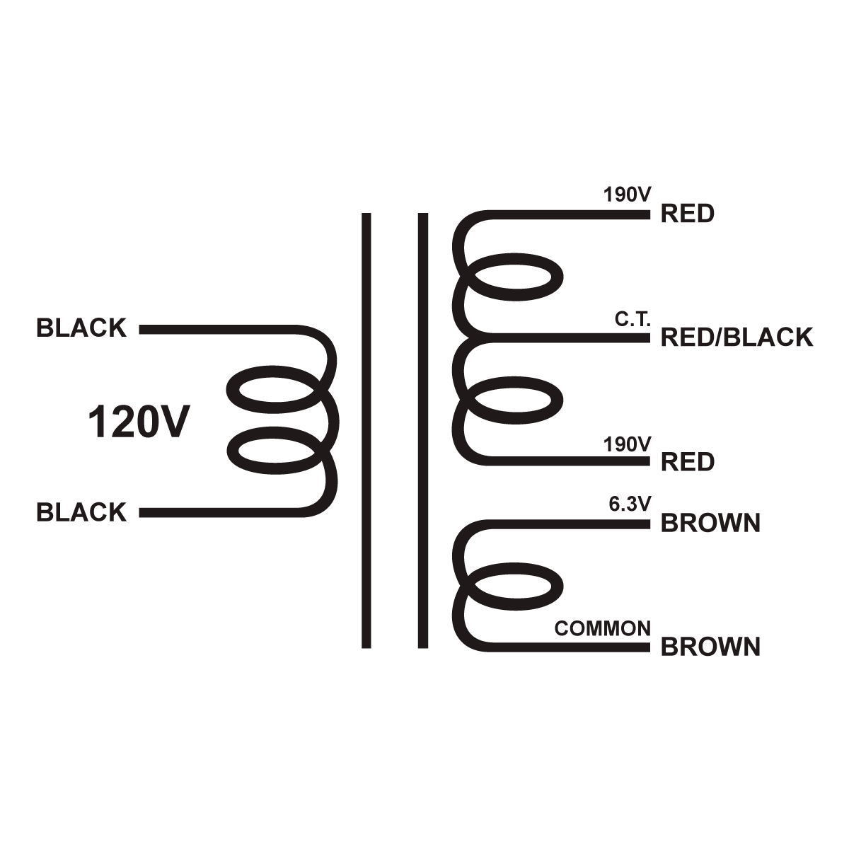 EDCOR Tube Power Transformer XPWR257-120 - 380V@120mA CT @ 6.3V@4A - 120V, 60Hz. Schematic