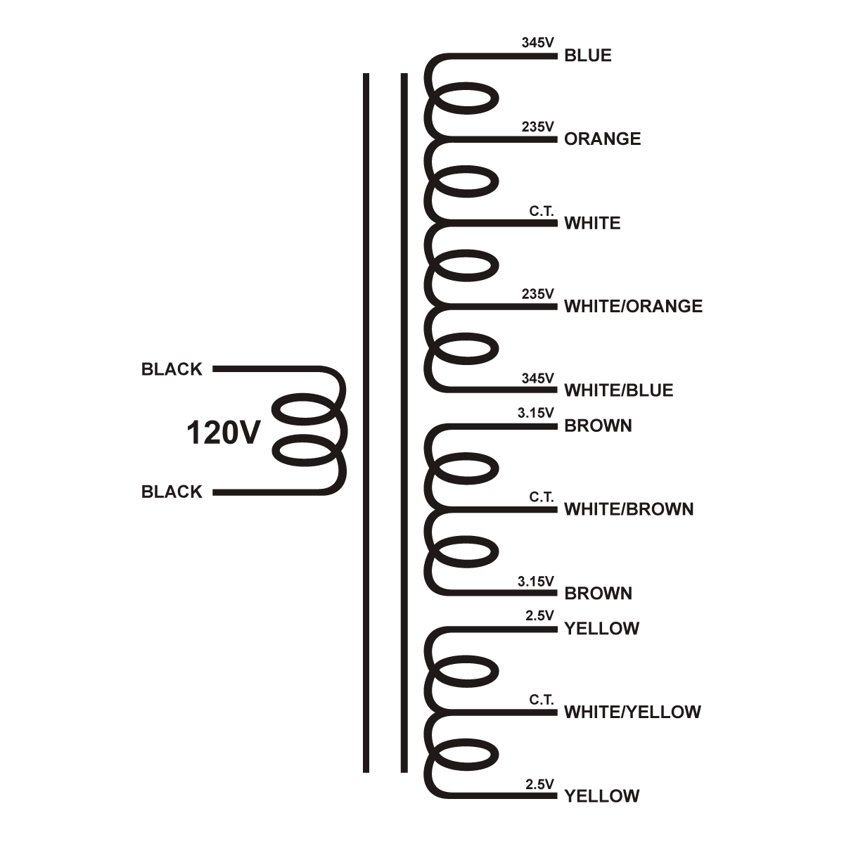 EDCOR Tube Power Transformer XPWR258-120 - 690V/470V@300mA CT, 6.3V@2A CT, & 5V@3A CT - 120V, 60Hz. Schematic