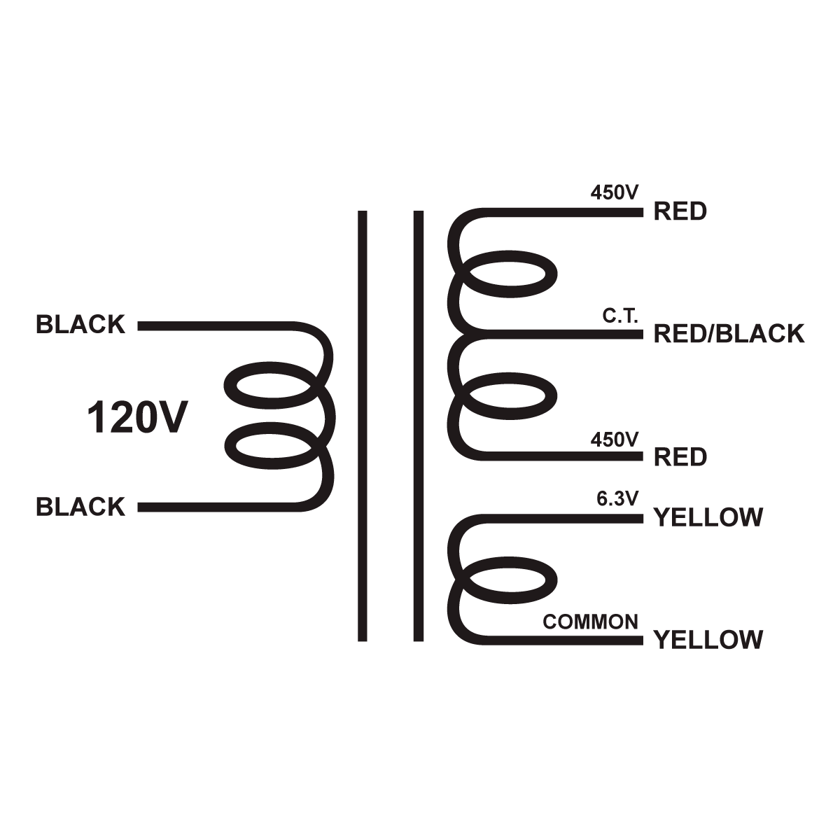 EDCOR Tube Power Transformer XPWR263-120 - 900V@300mA CT & 6.3V@6A - 120V, 60Hz. Schematic